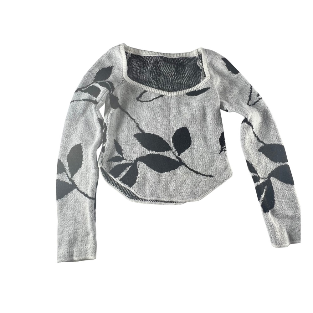 Shein Floral Knit Cropped Sweater Long‎ Sleeve Square Neck Black White Small